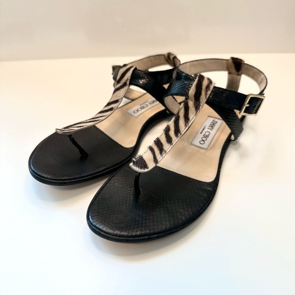 Jimmy Choo Zebra Haircalf & Black Leather Sandals – Size 38.5 – Made in Italy - Picture 3 of 9